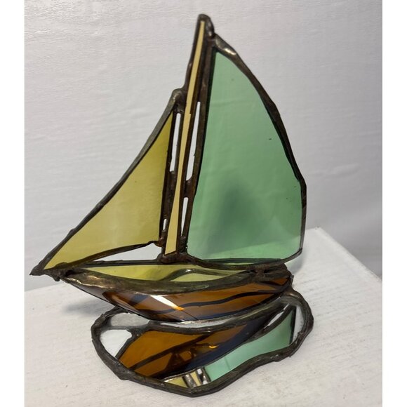 Stained Glass Sailboat Mirrored Base 6" Tall Green Yellow Brown Beach Lakehouse - Picture 2 of 8